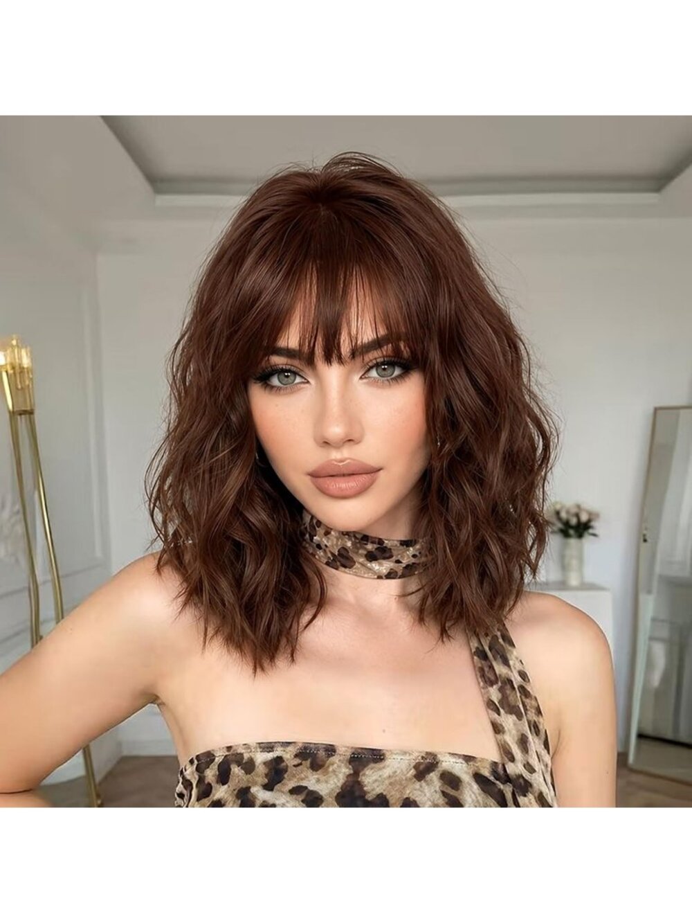14 inch Women's Fashion Reddish Brown Synthetic Short Bob Curly Wig with Bangs